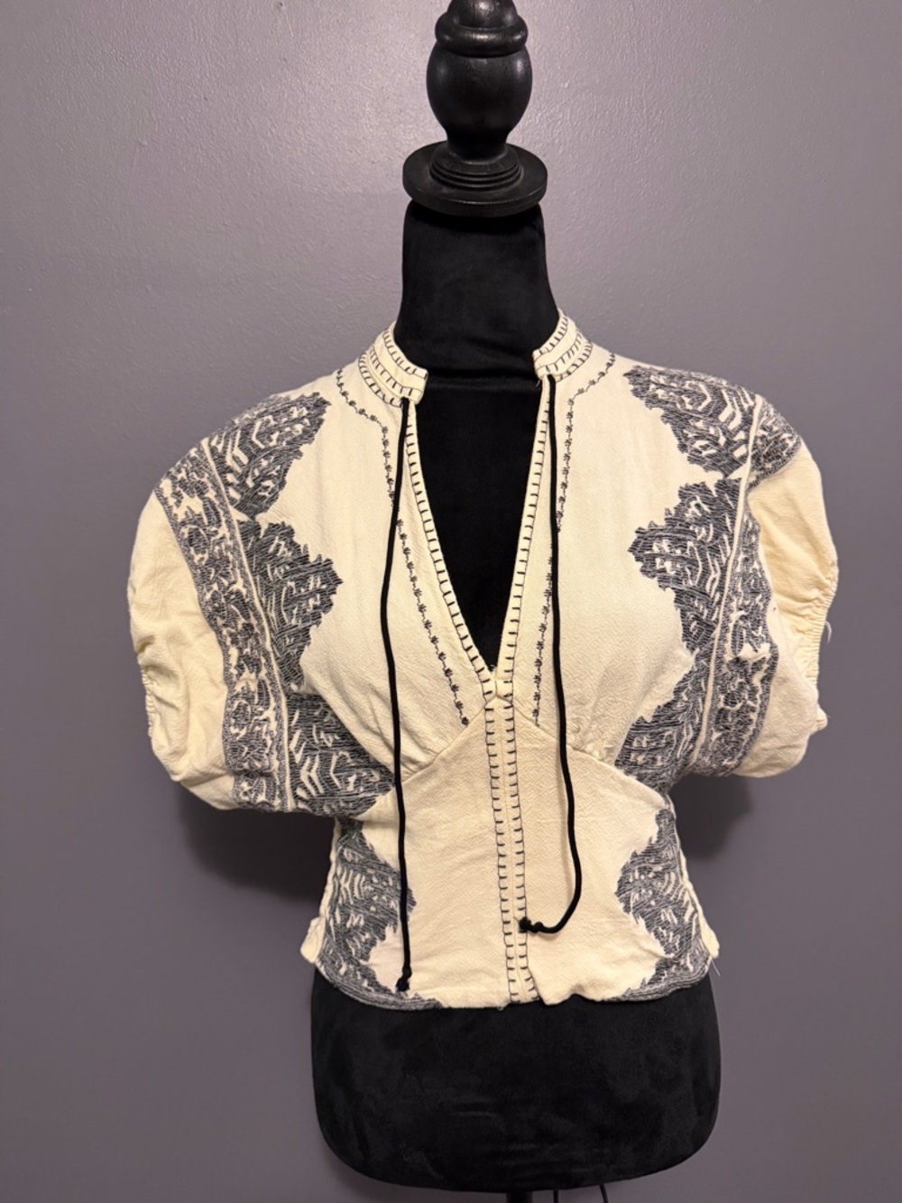 Embroidered Cream Peasant Blouse with Black Accent